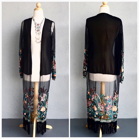 Black Embroidery Kimono with Fringes - Picture 4 of 8